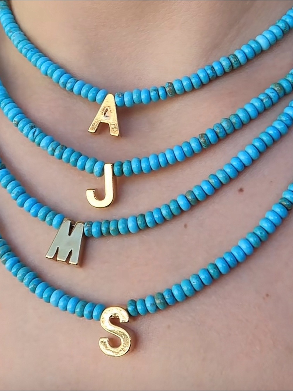 Gold Initial Charm Turquoise Beaded Necklace NWOT